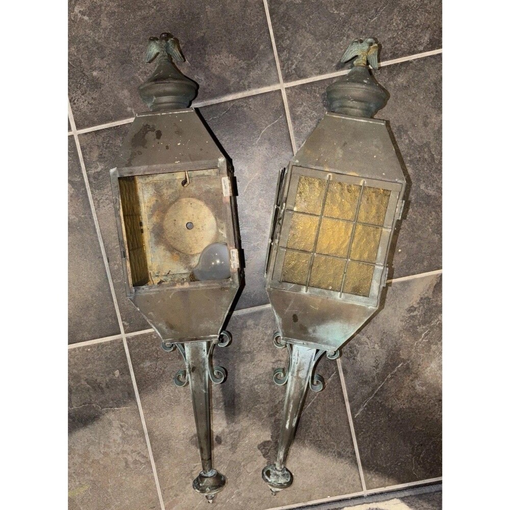 Pair Of 2 Antique Copper Eagle Outdoor Light Fixtures, Stained Glass Cape Cod